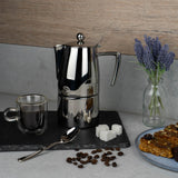 Café Stål DEC-04M Art Deco 18/10 Cafetera espresso de acero inoxidable con asas huecas de tacto frío, espejo, 4 tazas, pulido de alto brillo