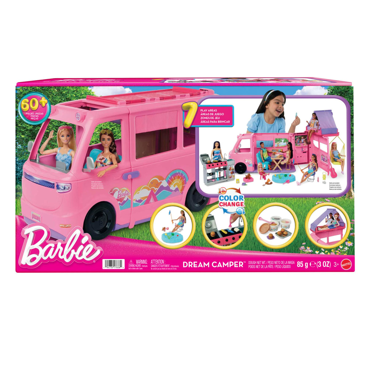 Barbie Súper Caravana DreamCamper Conjunto de juego con tienda de campaña en el techo, columpio, estanque de pesca, barbacoa con función de cambio de color y más de 60 accesorios, incluida masa, HRJ78