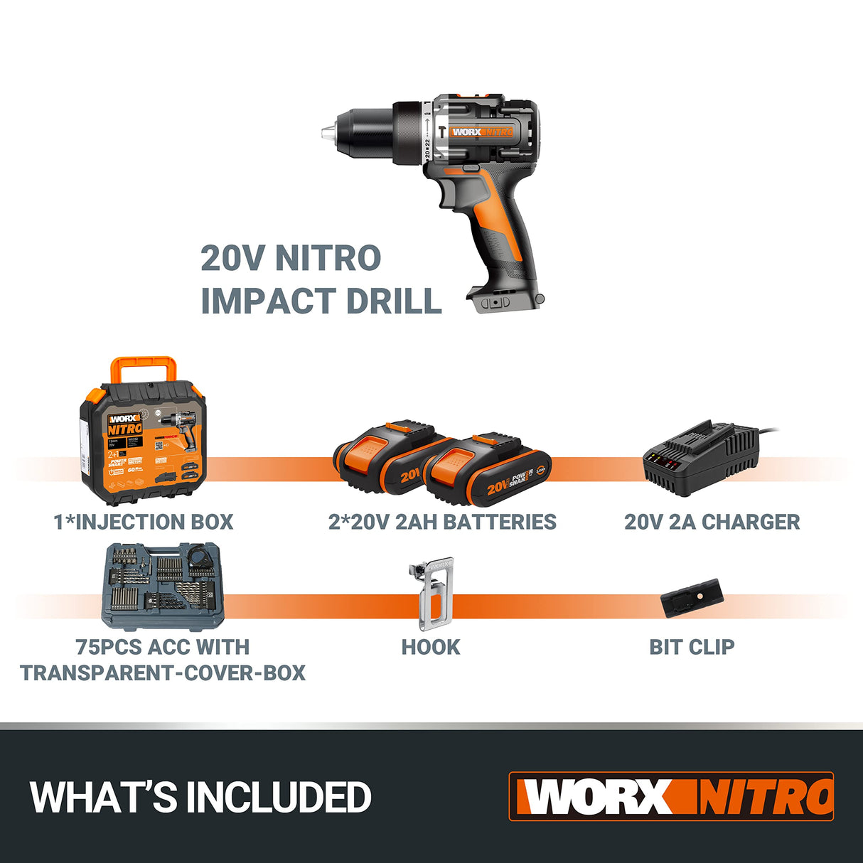 WORX NITRO 18V(20V MAX) Taladro de Percusión sin Cable WX352.4, PowerShare, Motor sin Escobillas, 60Nm, Control de Velocidad Variable, luz LED, 2.0Ah Baterías Recargables Suministradas