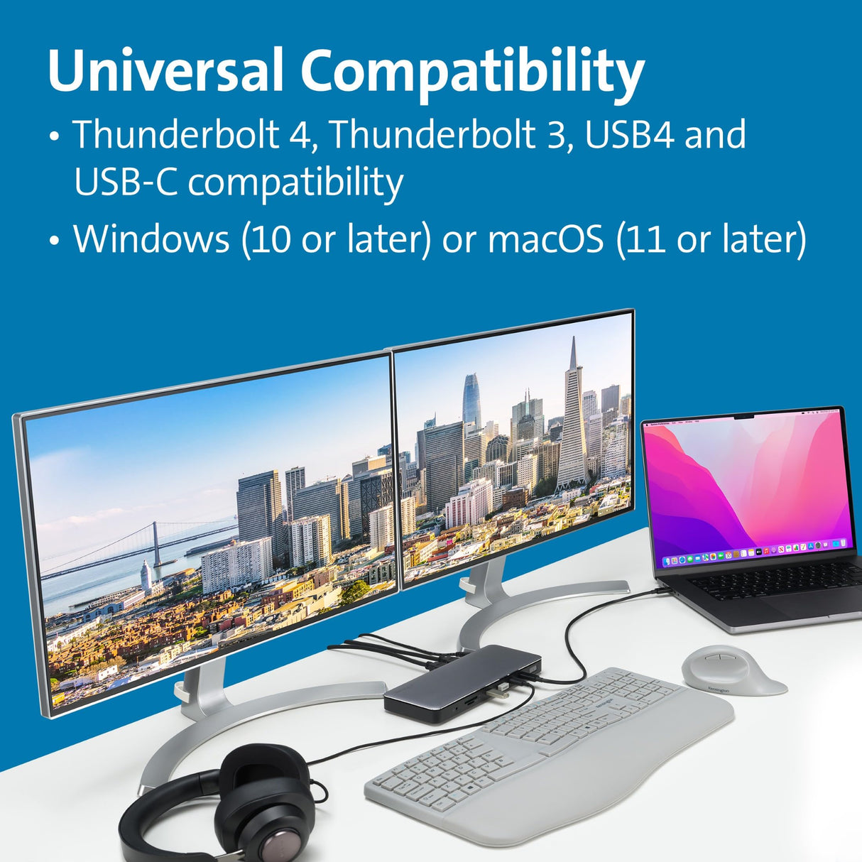 Kensington K34111EU - Adaptador AD2010T4 Multipuerto Thunderbolt 4, Doble Monitor 8K/4K, Lector de Tarjetas Micro SD, 96W, 2x HDMI, Ethernet, USB-C 3.2 y 4x USB-A