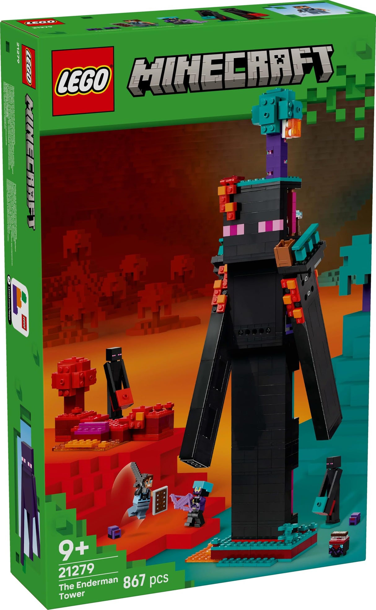 LEGO Minecraft 2 en 1 La Torre del Enderman - Juguete Modular Convertible en 2 Fortalezas - Figuras de Endermans, Endermitas y Portal de Inframundo - Regalo Gamer para Niños y Niñas de 9+ Años 21279