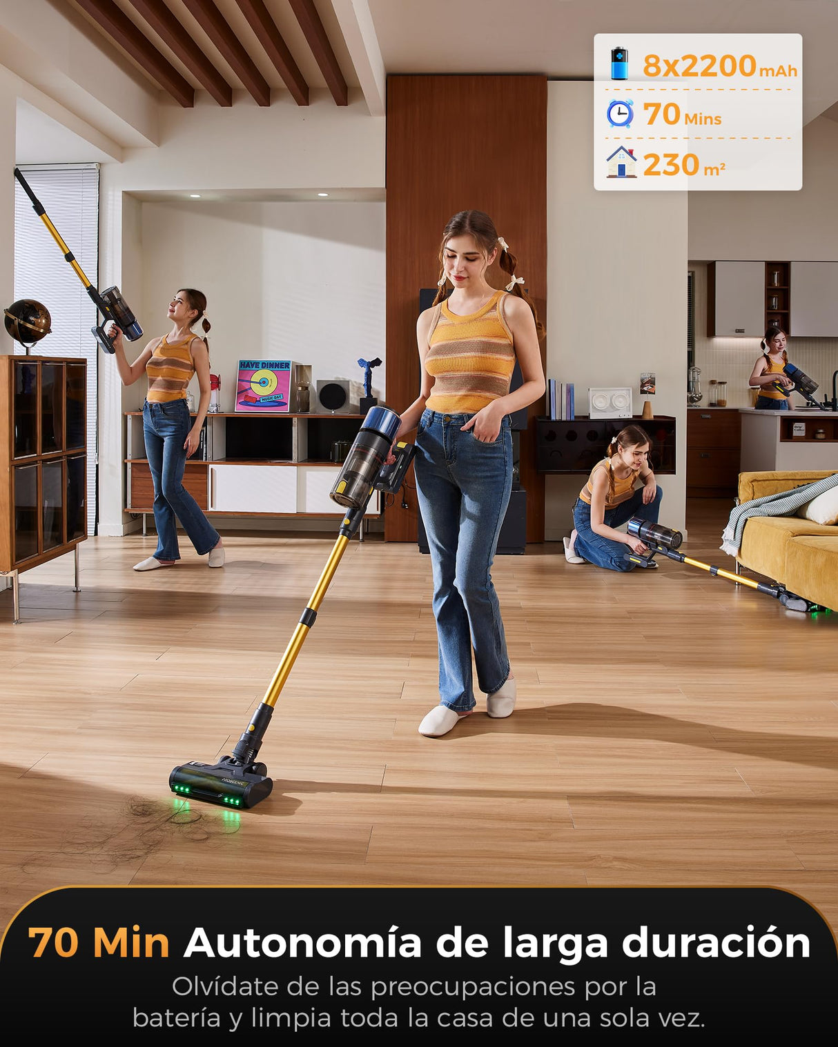 Proscenic P15 Aspiradora sin Cable 580W/50kPa/70Mins, Aspiradora Escoba Vertical Potente con Pantalla Táctile LED, Antienredo y Modo Automático para Suelos/Alfombras/Pelo de Animales