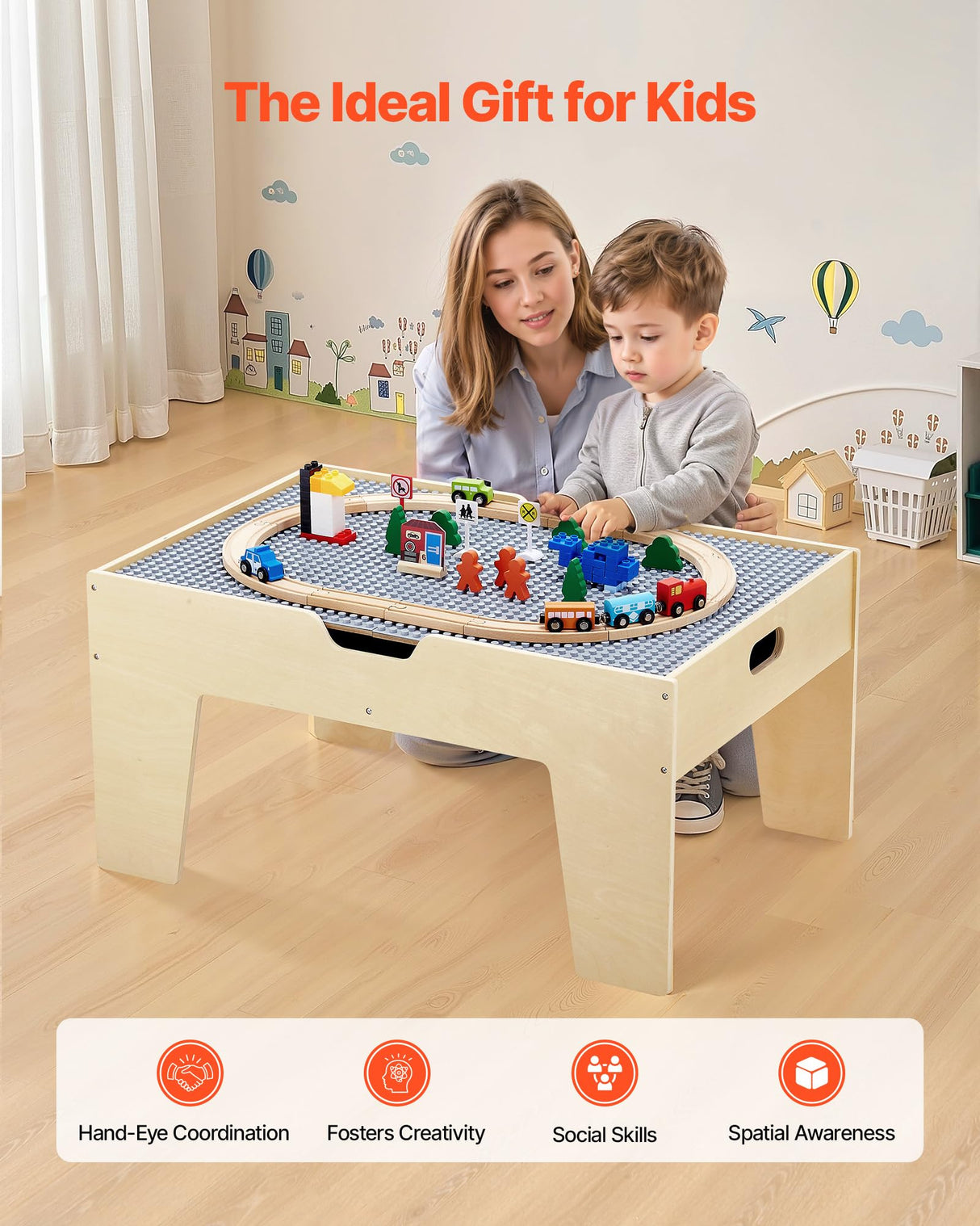 VEVOR Mesa de Juego de Actividades Multiusos con 290 Bloques de Construcción y 30 Accesorios 810x536x395 mm Mesa de Actividades de Madera con Espacio de Almacenamiento para Facilitar Organización