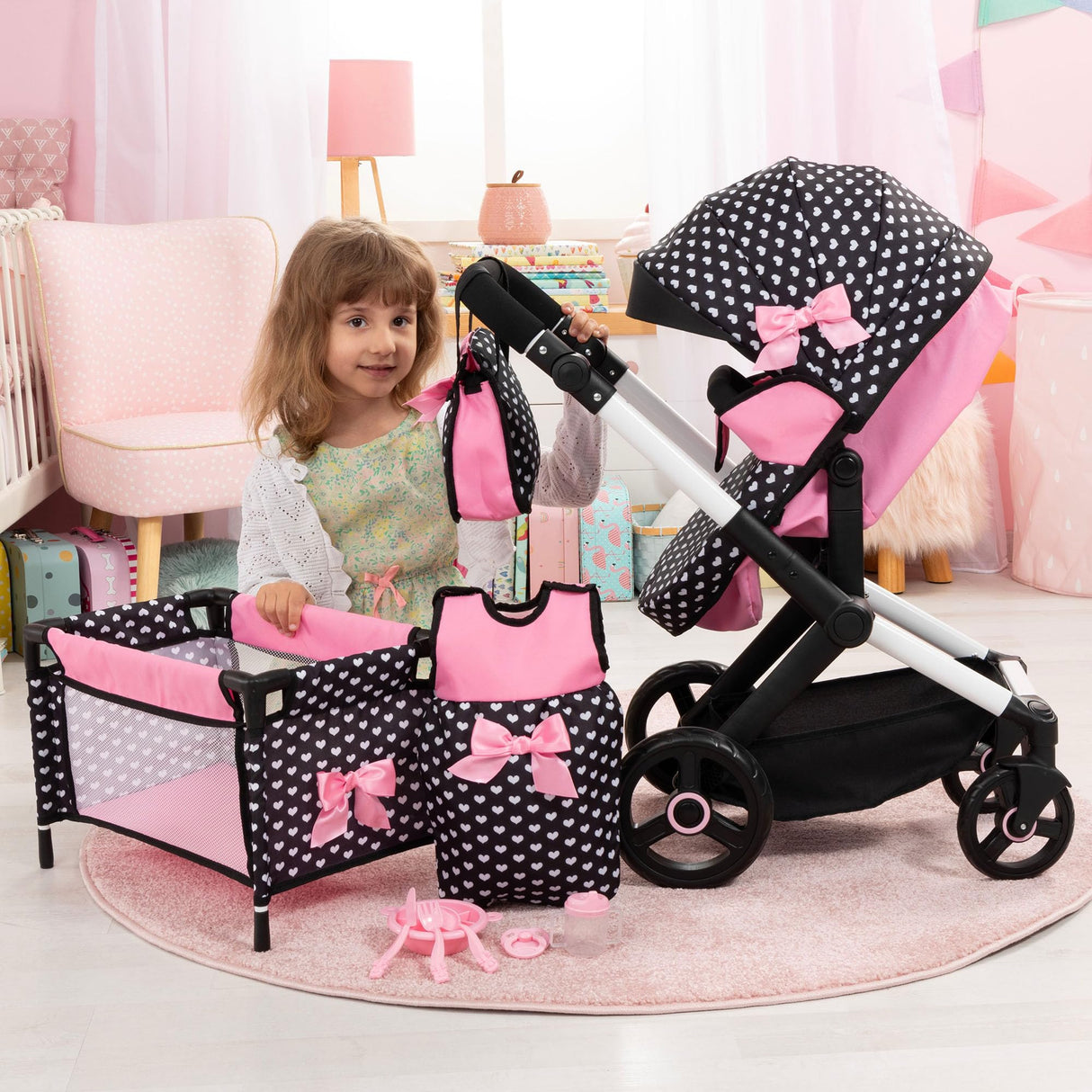 Bayer Design 17060AB Cochecito de muñeca XEO, Convertible, Regulable en Altura, Cuna de Viaje, Bolsa, Saco de Dormir, Accesorios