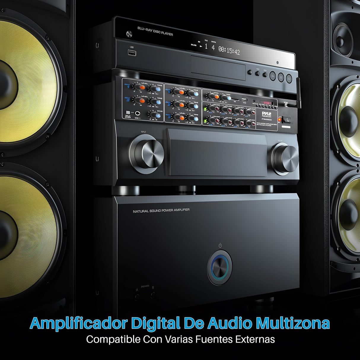 Pyle Amplificador de Sonido, 4000W, Bluetooth, Inalambrico, Sistema de Caja de Receptor Estereo, para el hogar, 8 Canales, RCA, USB, AUX, Altavoces, PA, Teatro, Estudio, Escenario