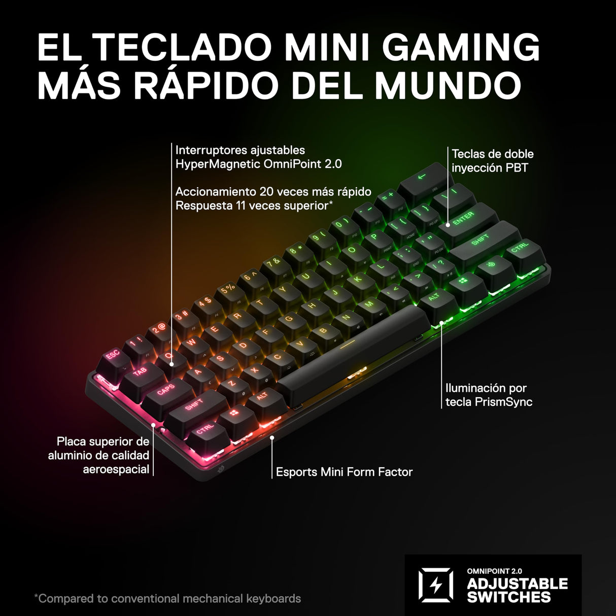 SteelSeries Apex Pro Mini Wireless-Teclado gaming mecánico –El teclado más rápido del mundo- Accionamiento ajustable - Factor forma compacto 60% – Bluetooth 5.0 – 2,4GHz – Teclado americano (QWERTY)