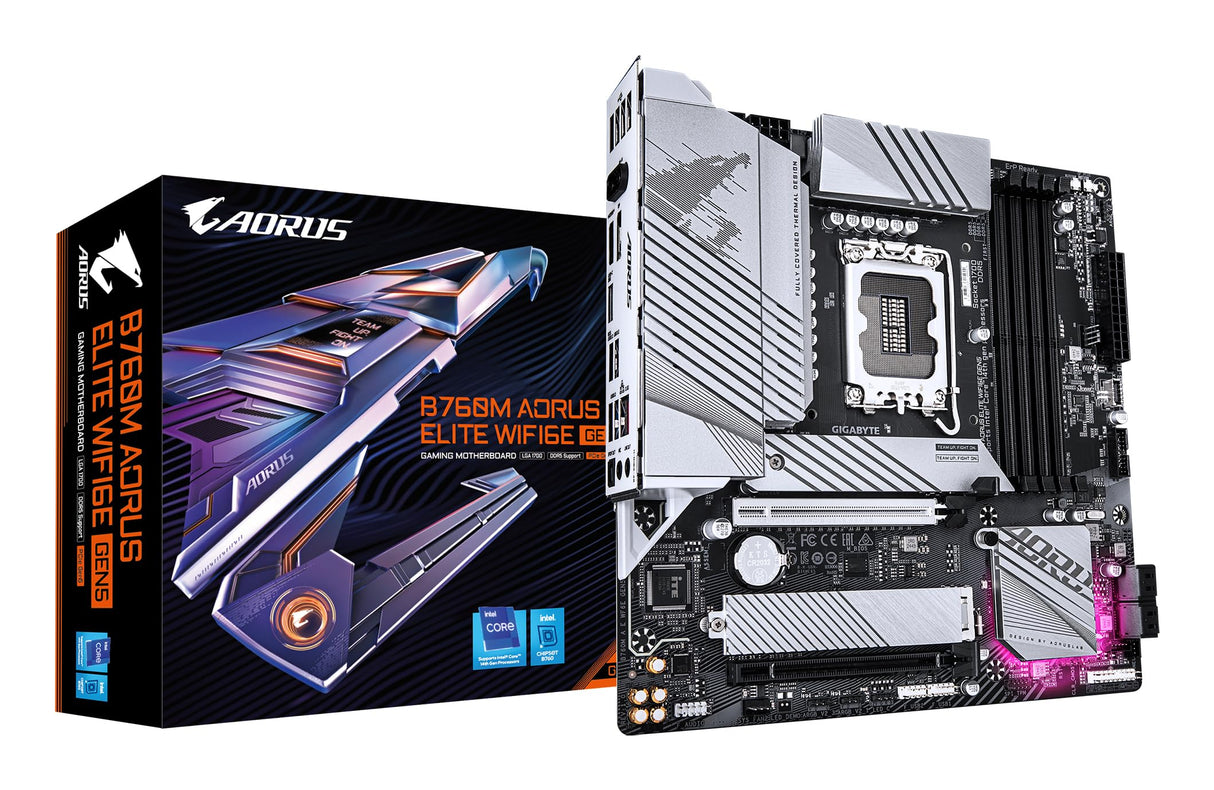 GIGABYTE B760M AORUS Elite WIFI6E GEN5 Placa Base – Compatible con procesadores Intel Core 14ª generación, VRM Digital de 12+1+1 Fases, hasta 5600 MHz DDR5, 2 x M.2 PCIe 4.0, Wi-Fi 6E, LAN 2.5 GbE