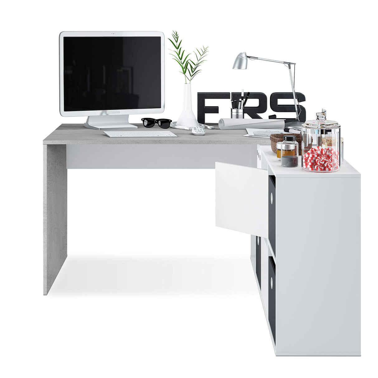 Habitdesign Escritorio Multiposición Reversible, Mesa Estudio, Mesa PC, Modelo Adapta XL, Acabado en Blanco Artik y Gris Cemento, 74 x 136 x 139 cm