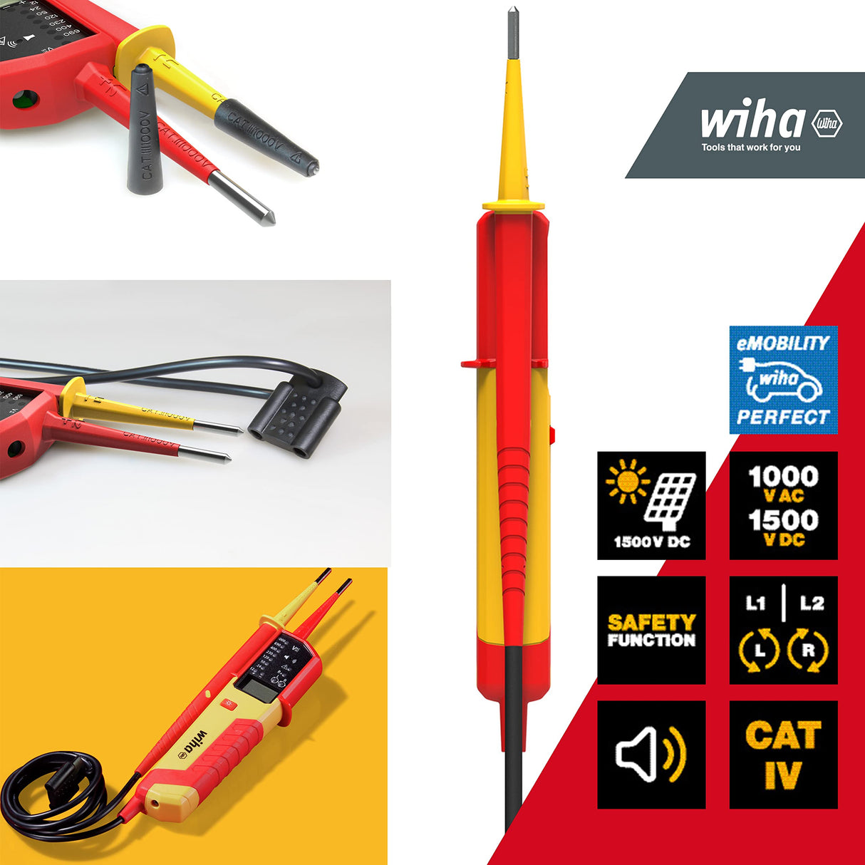 Wiha Comprobador de tensión y paso eMobility, 12-1.000 V CA, CAT IV incl. 2 pilas AAA (44319)