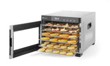 HENDI Deshidratador de alimentos, con 6 bandejas, secador eléctrico de frutas y verduras, temporizador de 24 hrs, temperatura regulable 35°-75°C, 230V, 600W, 340x450x(H)311mm, acero inoxidable, PP
