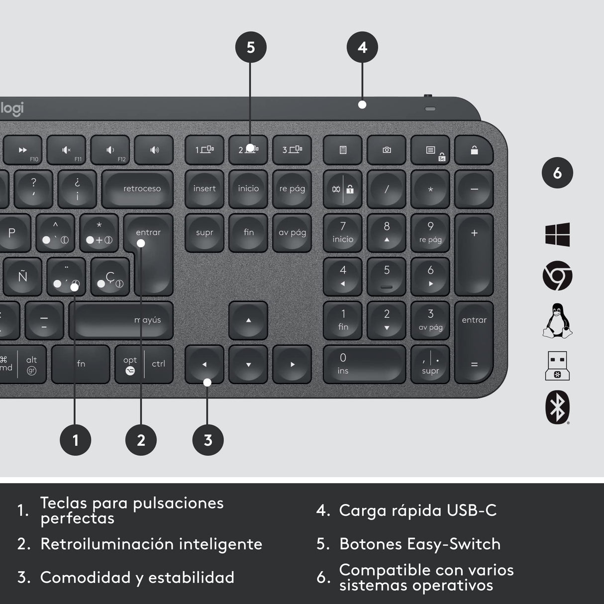 Logitech MX Keys for Business, Teclado retroiluminado inalámbrico, Teclas silenciosas para pulsaciones perfectas, Logi Bolt, Bluetooth, Recargable, Windows/Mac/Chrome/Linux, QWERTY Español - Gris