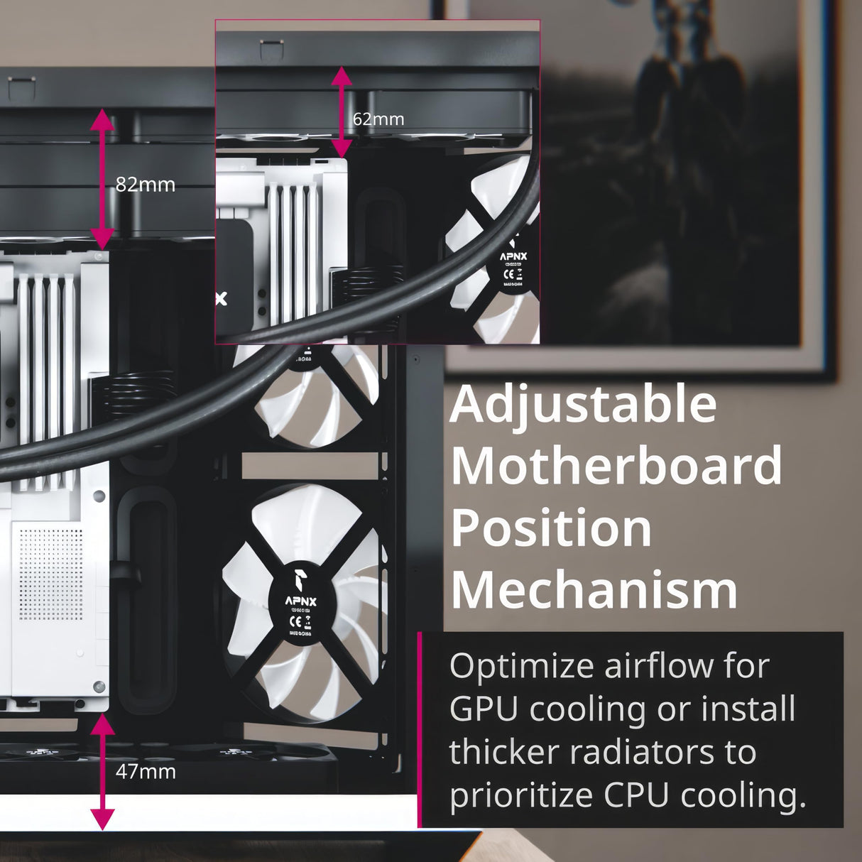 APNX V1 - Carcasa de PC ATX de Doble cámara con Flujo de Aire de Media Torre, Paneles de Vidrio panorámico, 10 Ranuras para Ventilador, Soporte de radiador de 360 mm, Entrada Angular Frontal de 16 cm