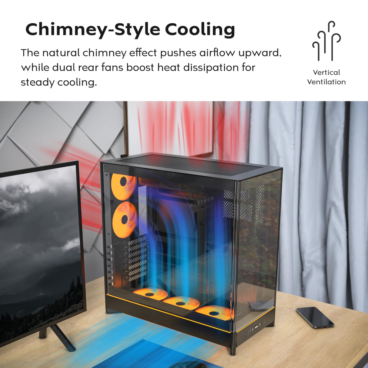 MONTECH HS02, ATX Mid-Tower PC Case, Gaming PC, High-Airflow, Reversible Layout, Sturdy Curved Tempered Glass Front Panel, Sink-in Design, Toolless Panels, Black, US