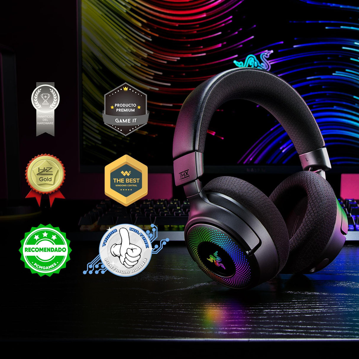 Razer Kraken V4 - Wireless Gaming Headset (3 Modes Connectivity, Triforce 40mm Drivers, 9-Zone RGB Earcup Lighting, Mix & Volume adjustments, THX Spatial Audio) Black
