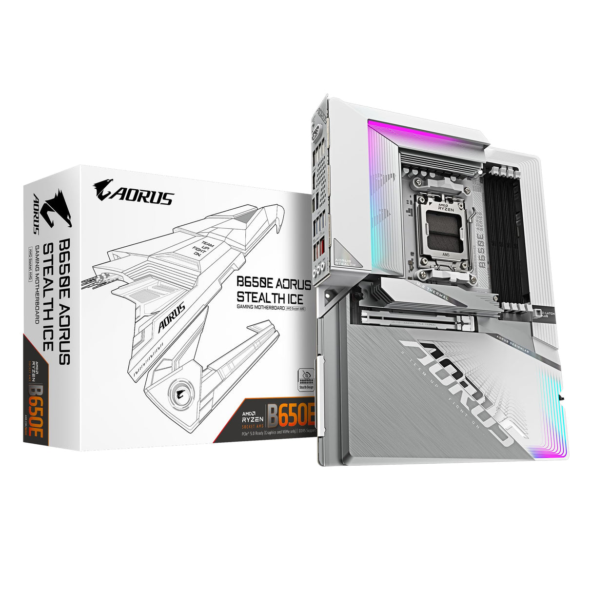 GIGABYTE B650E AORUS Stealth Ice Placa Base - AMD Ryzen Serie 9000, VRM de 12+2+2 Fases, hasta 8000 MHz DDR5 (OC), 1xPCIe 5.0 + 2xPCIe 4.0 M.2, LAN 2,5 GbE, WiFi 7, USB 3.2 Gen 2x2