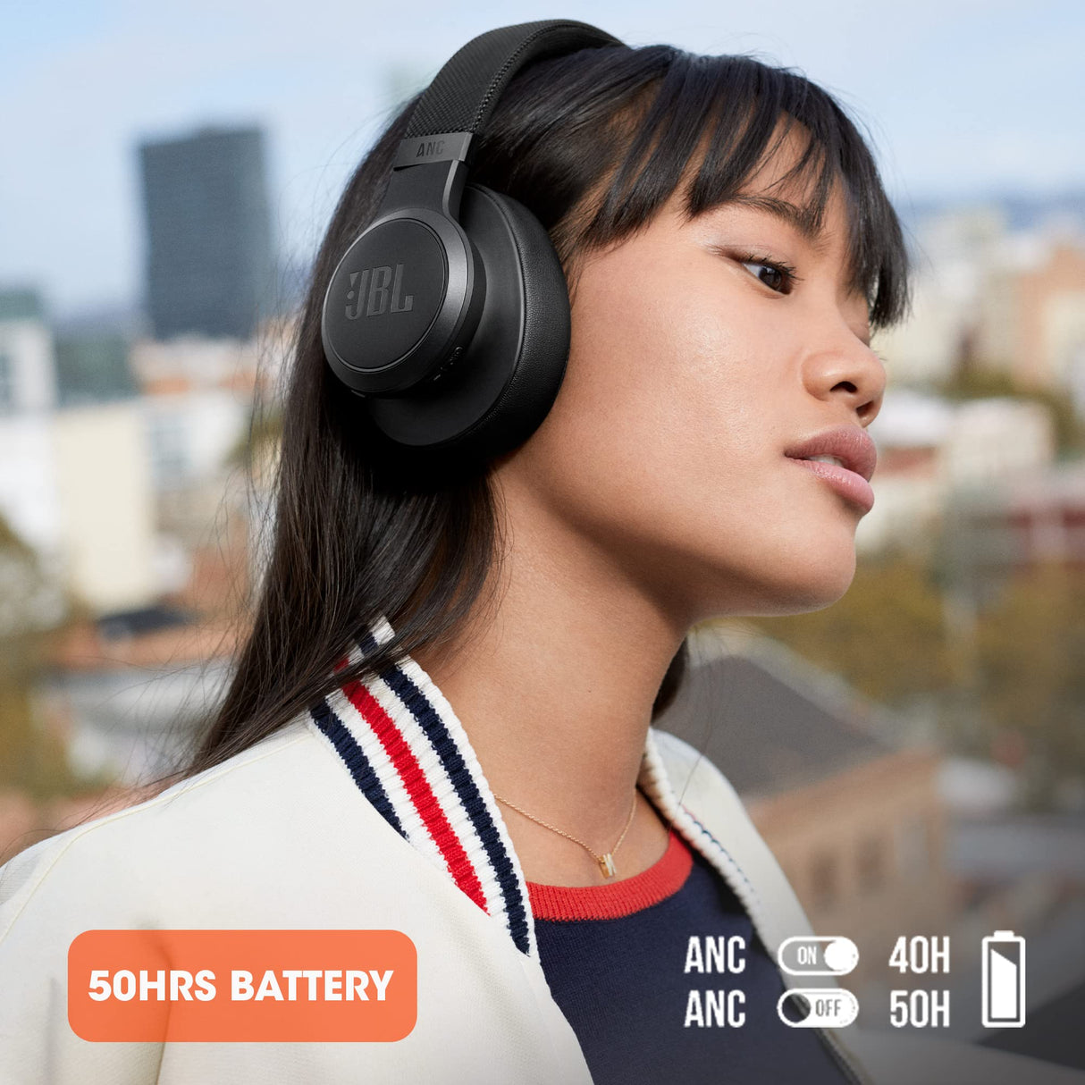 JBL LIVE 660 NC Auriculares circumaurales inalámbricos con cancelación adaptativa de ruido, tecnología Bluetooth, hasta 50h de batería sin NC, asistente de voz y conexión multipunto, negro