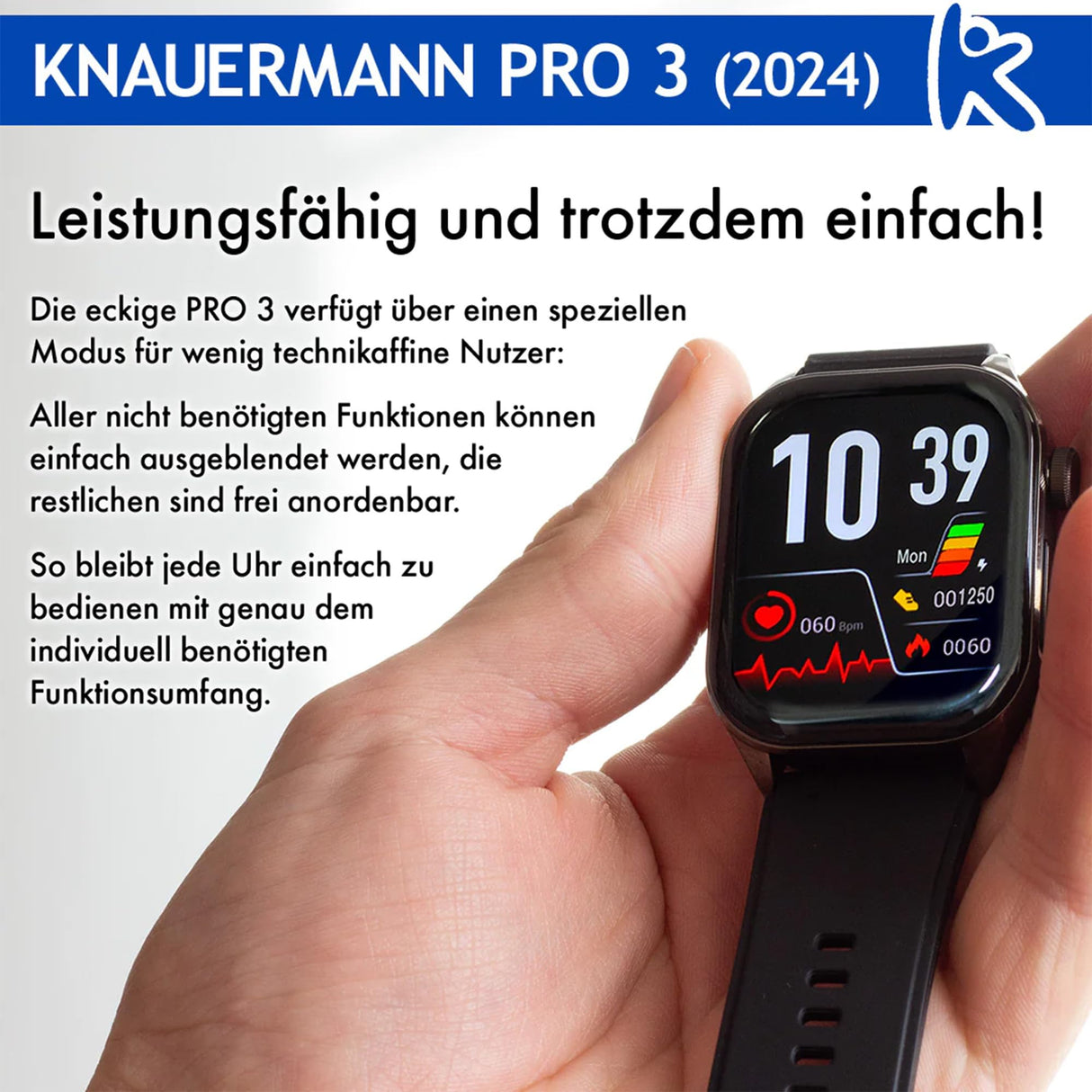 Knauermann Pro 3 (2024) Negro – Reloj Sanitario Smartwatch con función telefónica – Sensores OSRAM – Función ECG + HRV – BT Bluetooth – apnea del sueño – presión Arterial – Correa de auténtica,