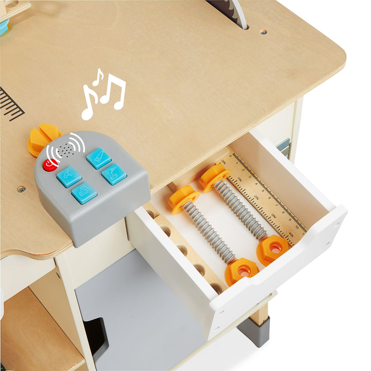 mamabrum Banco Trabajo Madera para Niños - Mesa Herramientas XXL con 74 Piezas, Taladro Eléctrico y Sierra Circular - Altura Ajustable 97-103cm - A Partir de 2 Años