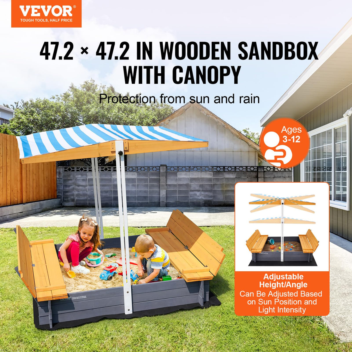 VEVOR Caja de Arena de Madera con Dosel, 145,5 x 120 x 120 cm, Arenero con Bancos Plegables y Revestimiento Inferior Caja de Arena para Niños de 3 a 12 Años para Exteriores, Patio, Playa, Parque