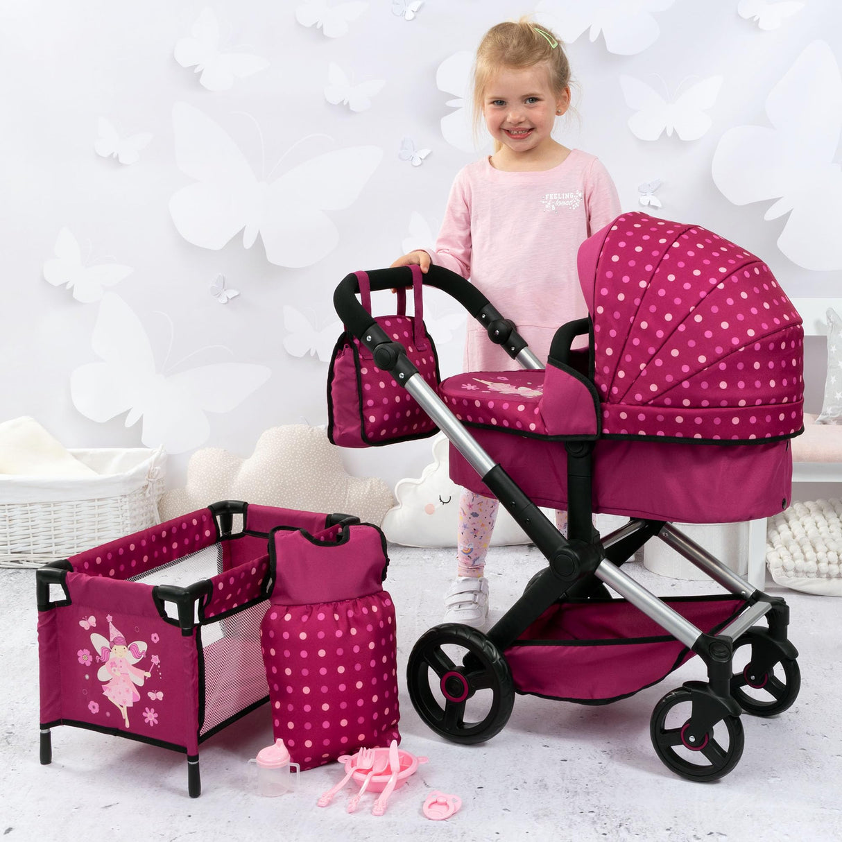 Bayer Design 17067AB Cochecito de muñeca XEO, Convertible, Regulable en Altura, Cuna de Viaje, Bolsa, Saco de Dormir, Accesorios