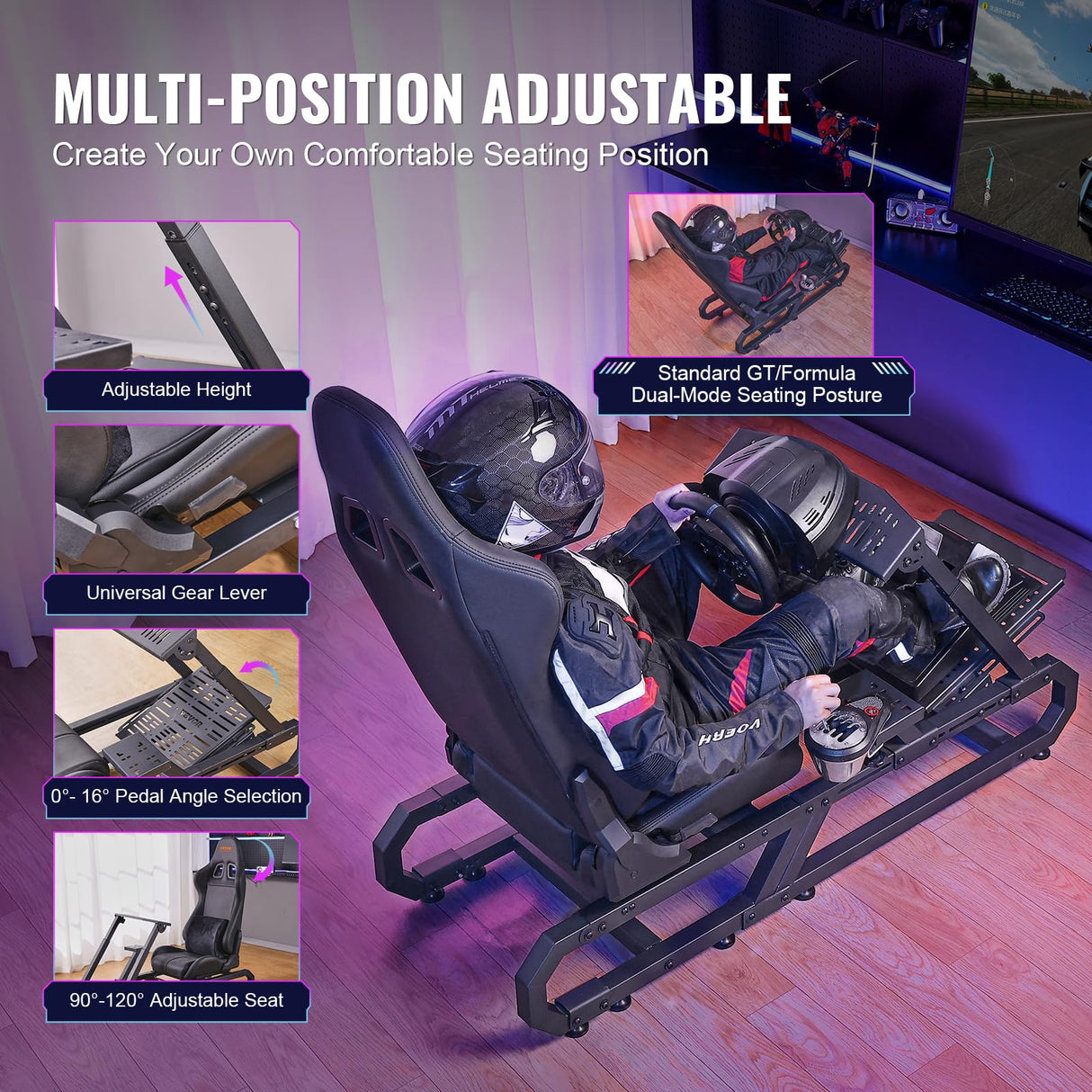 VEVOR Soporte para Volante de Carreras para Logitech G923/G920/G29, Cabina de Simulador de Conducción de Acero Resistente, y Ángulo del Pedal Ajustables 605-795 mm ± 5, Compacto, 1430 x 640 x 1270 mm