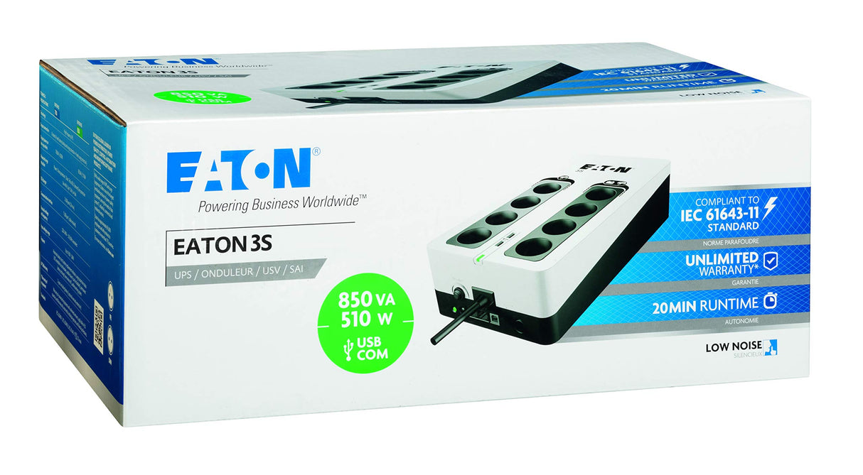 Eaton 3S UPS 850 DIN - Off-Line UPS - 3S850D - Sistema de alimentación ininterrumpida SAI - 850 VA (8 Salidas Tipo DIN, 2 Puertos de carga USB Tipo A) - Negro y Blanco