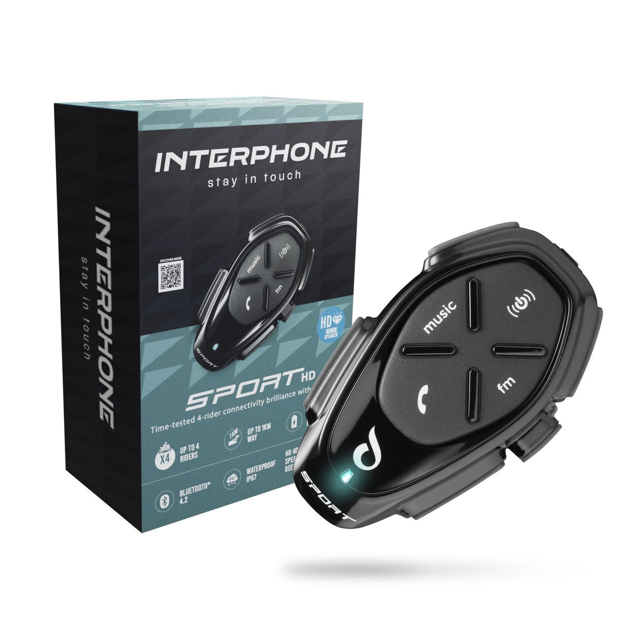 Interphone Sport HD Intercomunicador Casco Moto Individual, para hasta 4 usuarios a 1 km de Distancia, intercomunicador con Bluetooth para GPS y Llamadas, Accesorios Moto con 15 h de autonomía, IP67