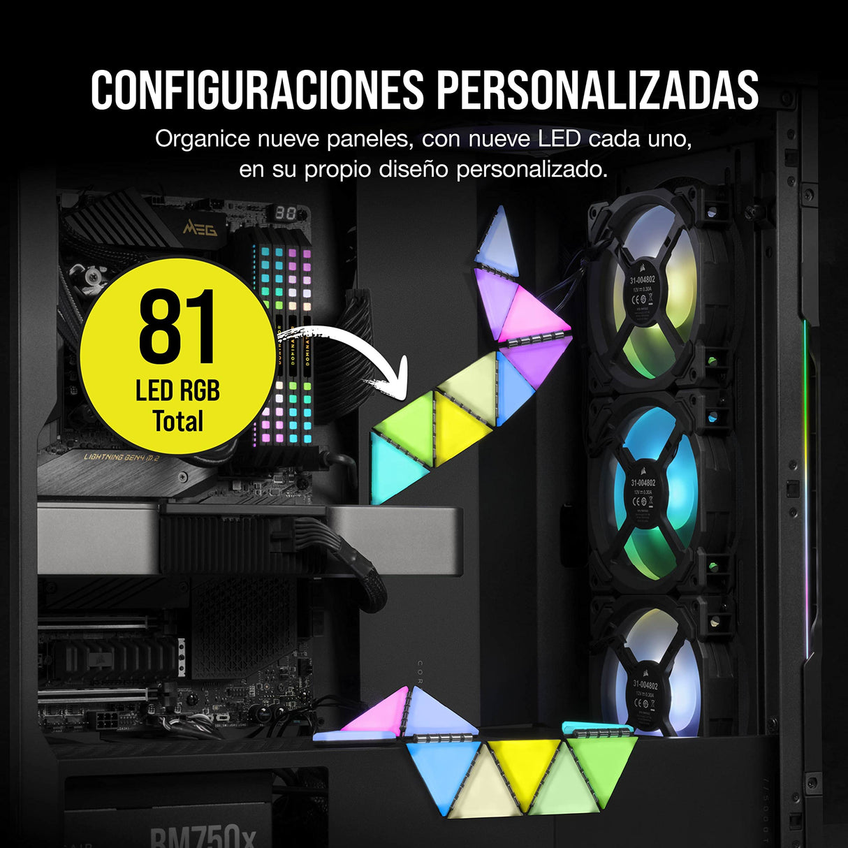 Corsair iCUE LC100 Paneles de iluminación para chasis - Minitriángulos - Kit de inicio de 9 paneles (81 LED con difusión de la luz, Sencillo acoplamiento magnético, iCUE Lighting Node PRO incluido)