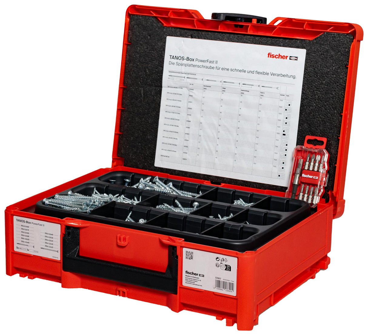 fischer Tanos-Box PowerFast II - Juego de tornillos para aglomerado (cabeza avellanada, estrella interior TX, rosca completa y parcial, para un procesamiento rápido y flexible, incluye juego ProfiBit)