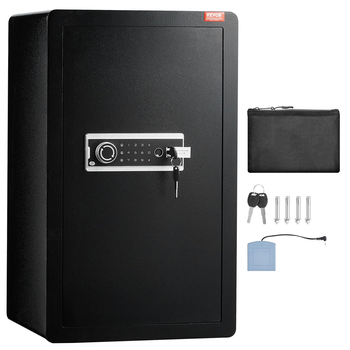 VEVOR Caja Fuerte de 113,27 L con Una Puerta, Cerradura con Llave, Contraseña y huella dactilar Bolsa Ignífuga, Estante para Llaves, Luz LED y 2 Divisores para Dinero, Documentos, Joyas, Negro