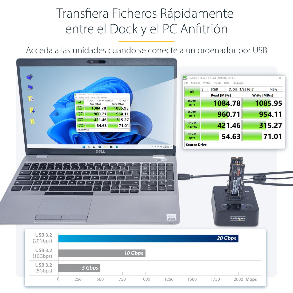StarTech.com Dock Clonador Autónomo 1:1 de NVMe M.2-90GBpm - USB-C 3.2 de 20Gbps - Docking Station USB Tipo C de 2 Bahías