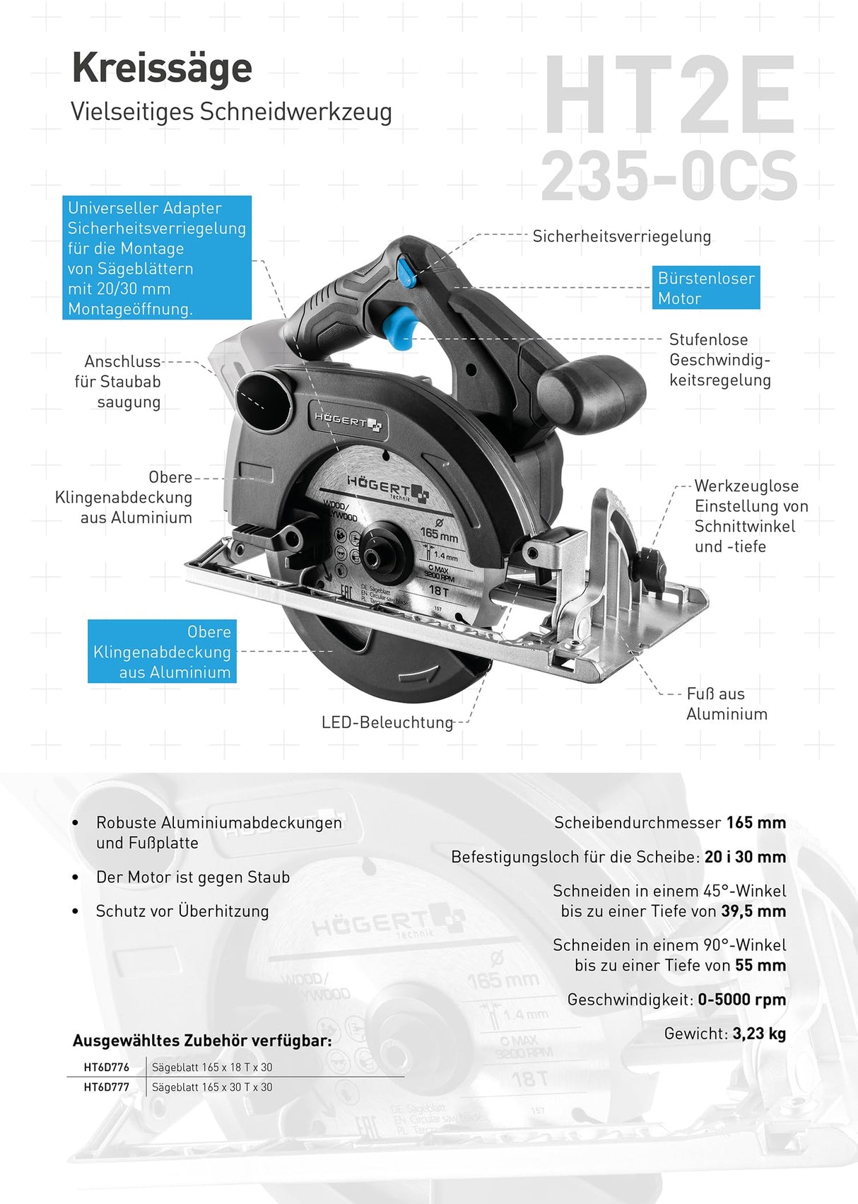HÖGERT TECHNIK Sierra circular de mano inalámbrica de 18 V, motor sin escobillas, inalámbrico, 0-5000 rpm, diámetro de disco de 165 mm, ajustes sin herramientas, LED, protección de aluminio + PROMO