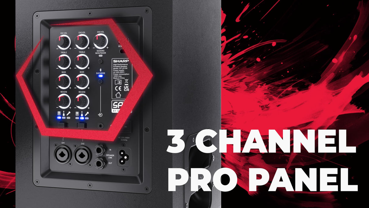 Sharp CP-LS100 Altavoz portatil de Alto Rendimiento, 120W RMS, 105dB, Carcasa de Madera, bateria Litio Intercambiable, 10 Horas (hasta), Bluetooth, Panel de 3 Canales TRS/XLR (x2), Aux/Bluetooth