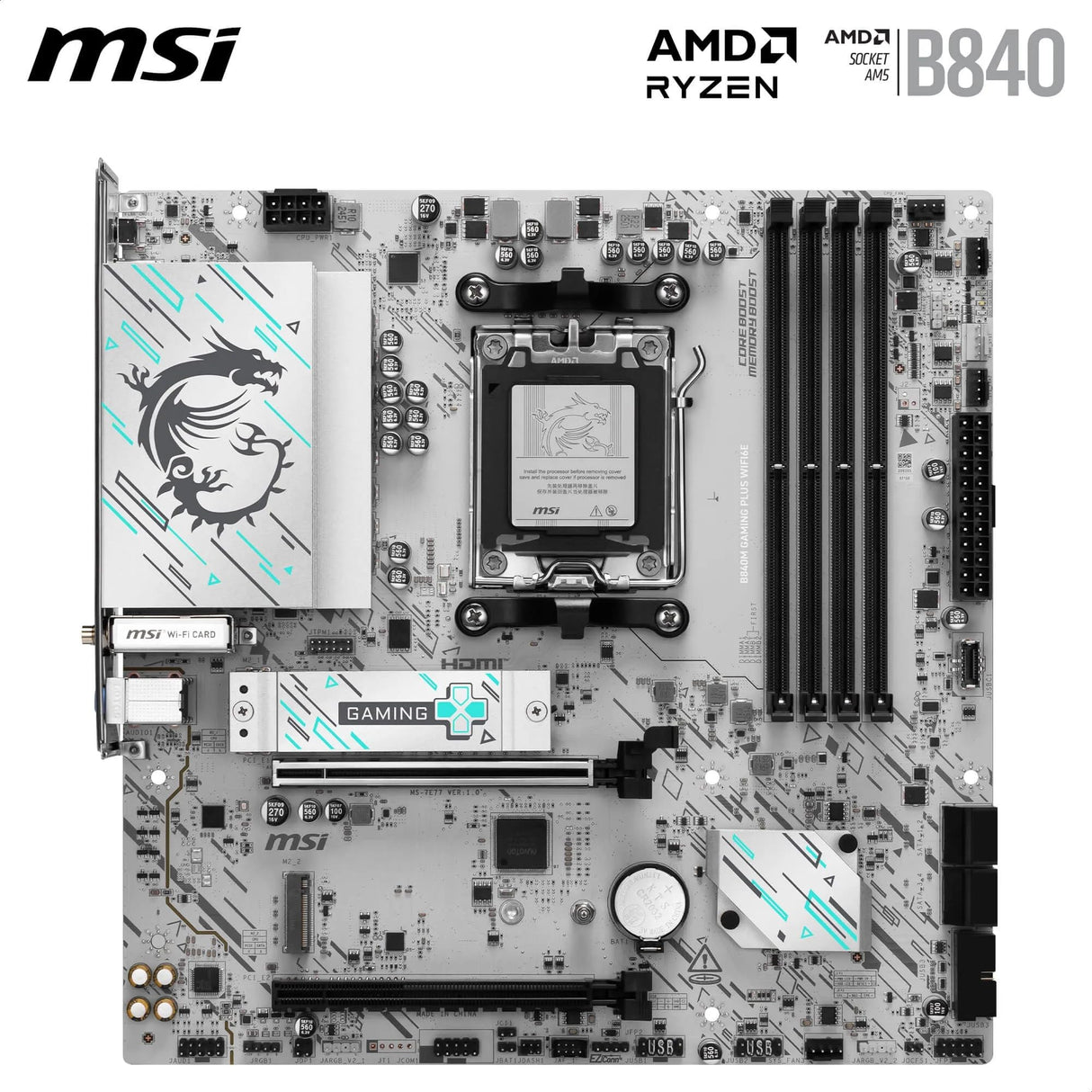 MSI Placa Base B840M Gaming Plus WIFI6E, mATX. Soporta procesadores AMD Ryzen 9000/8000/7000, AM5 - DDR5 Memory Boost 8000+ MT/s (OC), PCIe 4.0 x16, M.2 Gen4, Wi-Fi 6E, 2.5G LAN