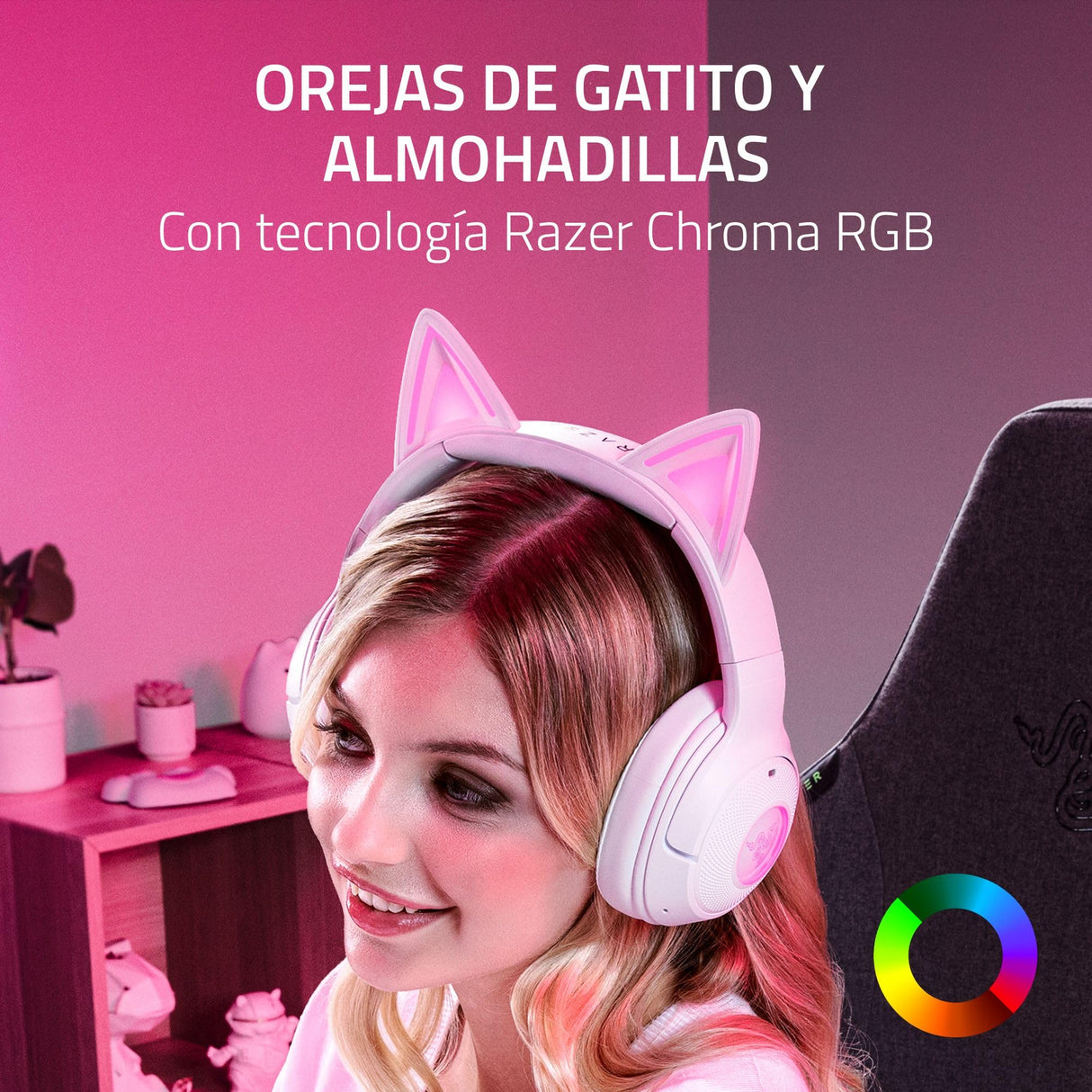 Razer Kraken Kitty V2 BT - Auriculares inalámbricos Bluetooth RGB con Orejas de Gatito para Juegos y Streaming (325g, Triforce de 40mm, Bluetooth 5.2, micrófonos con cancelación de Ruido) Blanco