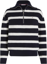 Tommy Hilfiger Sudadera con Cremallera Mujer 1/2 Zip Sweater Jersey de Punto, Multicolor (Desert Sky/Ivory Petal Stripe), XS