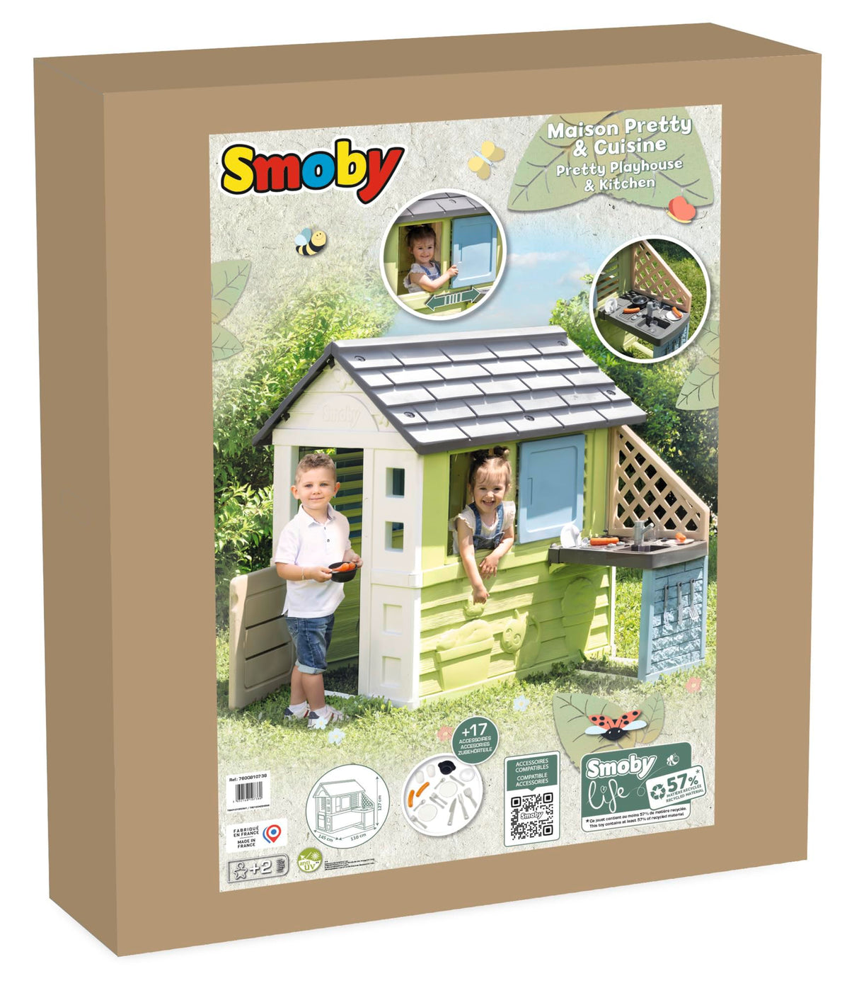 Smoby Life Casa Pretty con Cocina- Incluye Accesorios- Protección Anti-UV- con 57% Material Reciclado- Casa Infantil Exterior de jardín- Resistente a la Intemperie para niños de +2 años (7600810738)