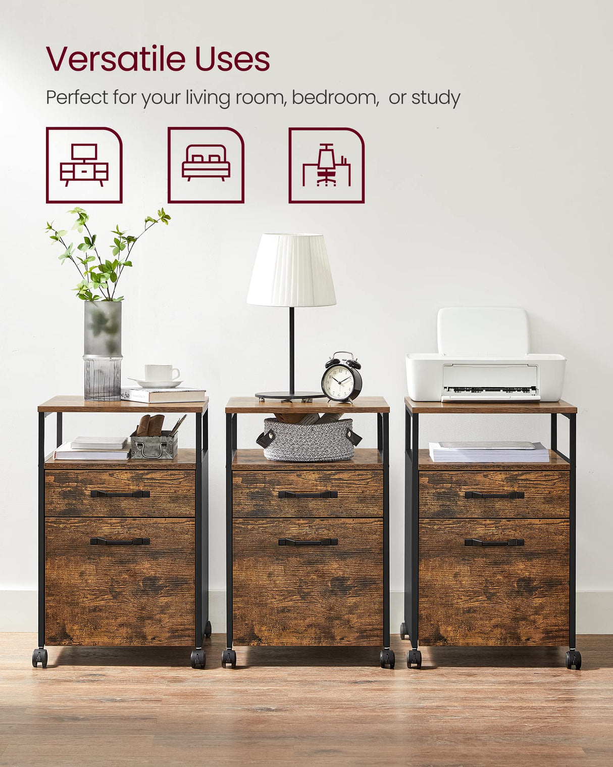 VASAGLE Archivador Móvil con 2 Cajones, Archivador de Oficina con Ruedas, Compartimento Abierto, Marco de Acero, Estilo Industrial, Marrón Rústico y Negro Tinta OFC71X