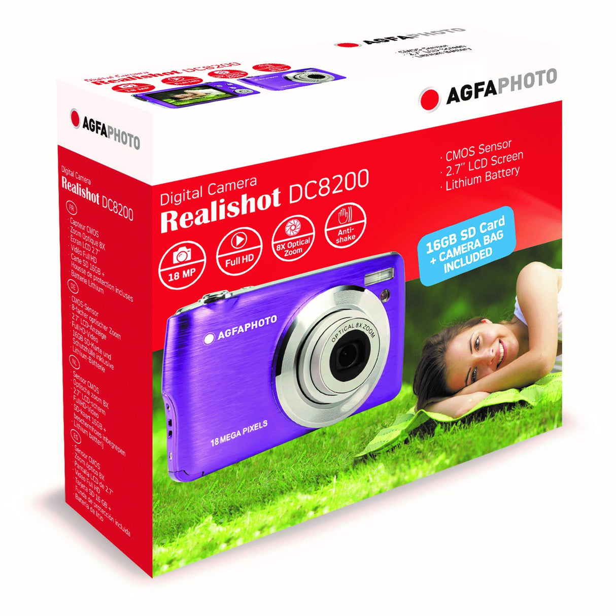 AGFA Photo Realishot DC8200 - Cámara Digital Compacta, 18MP, Video Full HD, Pantalla LCD 2.7'', Zoom Óptico 8X, Batería de Litio y Tarjeta SD de 16GB - Violeta