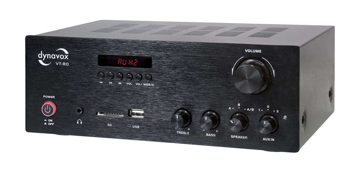 Dynavox VT-80 Amplificador estéreo Compacto, terminales de conexión atornillables para 4 Altavoces, Control Remoto Solo para entradas Digitales (USB, Tarjeta SD), Antena BT integrada, Negro