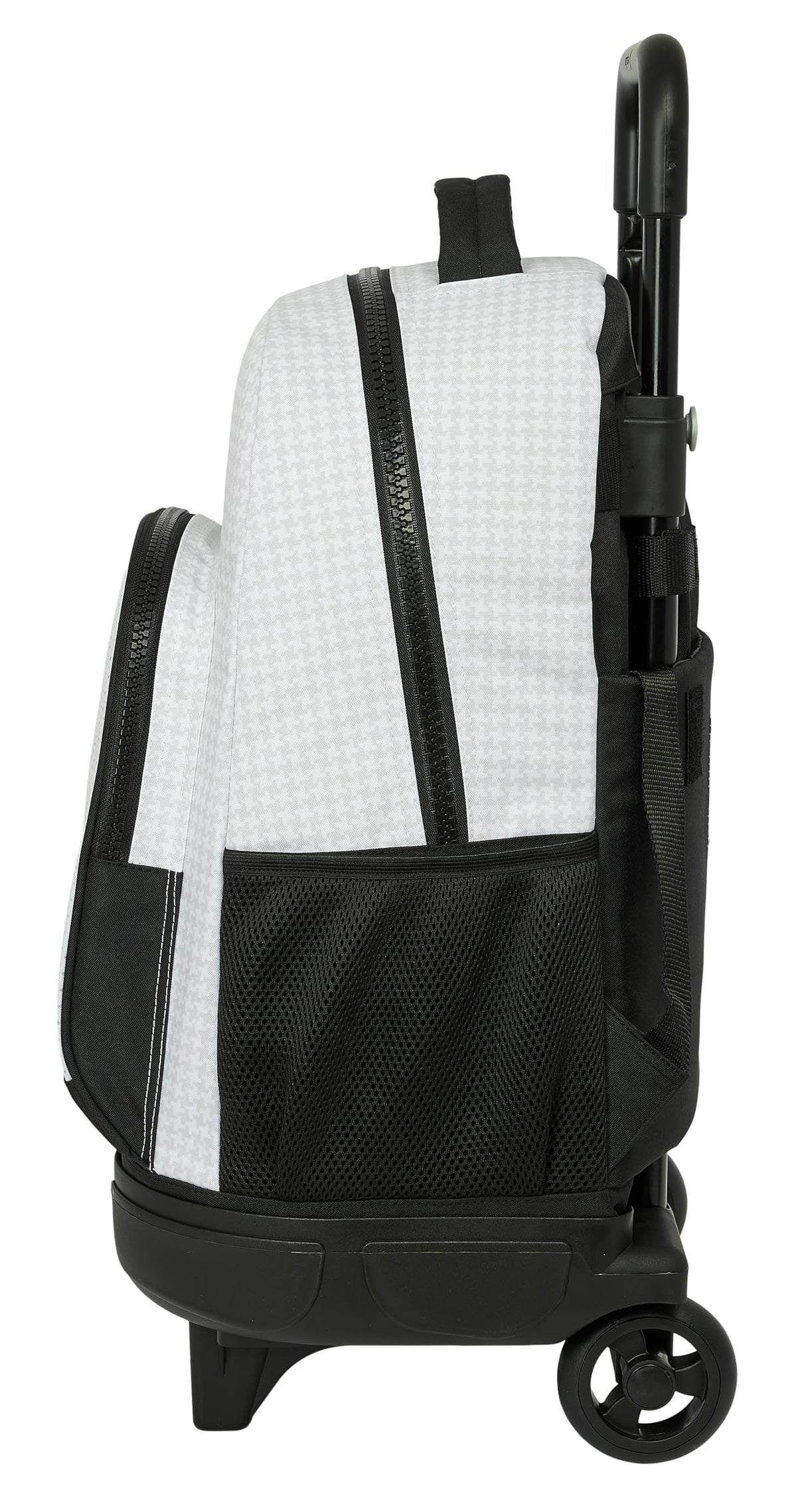 Real Madrid 1ª EQUIPACIÓN 24/25 - Mochila Grande con Ruedas, Compacta, Extraíble, Ideal para Niños de Diferentes Edades, Cómoda y Versátil, Calidad y Resistencia, 33x22x45 cm, Color Blanco/Gris