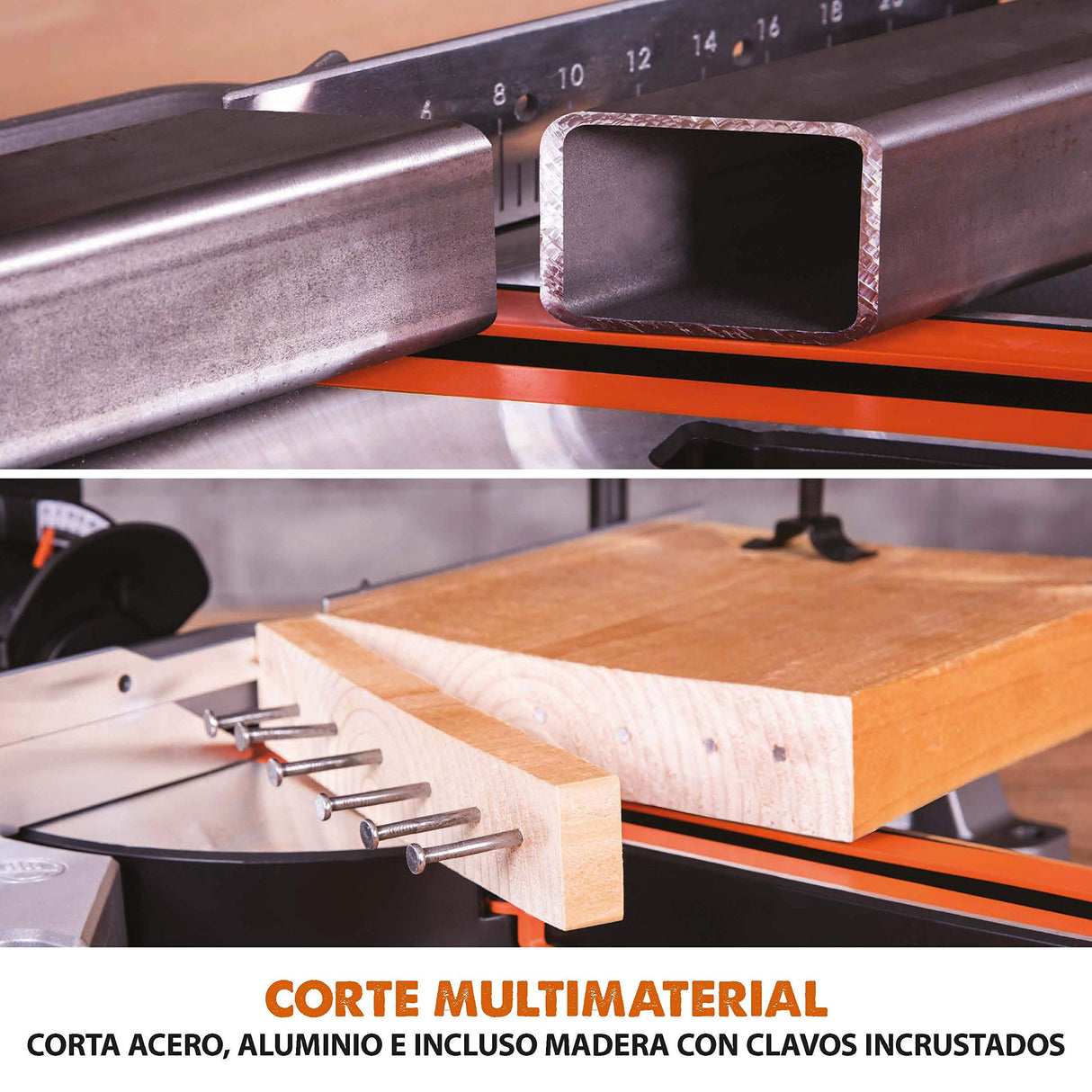 Evolution Power Tools - R210SMS-300+ Ingletadora deslizante multimaterial de 210 mm (230 V), con paquete plus, Corta acero dulce, aluminio, plástico, madera con clavos incrustados