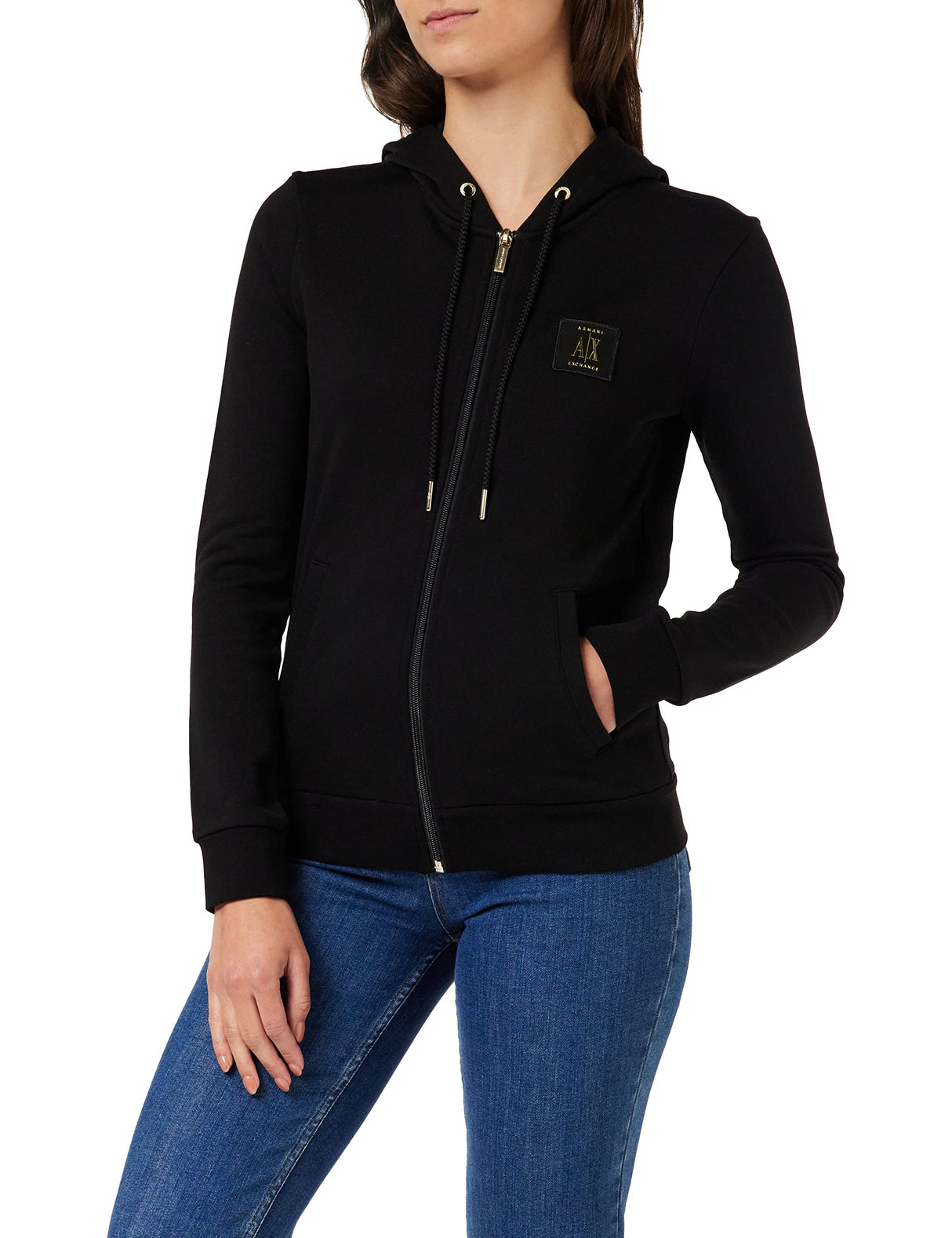 Armani Exchange Icono, con Capucha, Logotipo Dorado Lateral, Cremallera Sudadera, Negro, M para Mujer