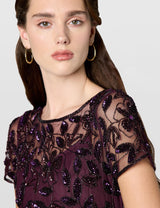 Adrianna Papell Short-Sleeve Floral Beaded Godet Gown Vestido, Ciruela Nocturna, 46 Mujeres