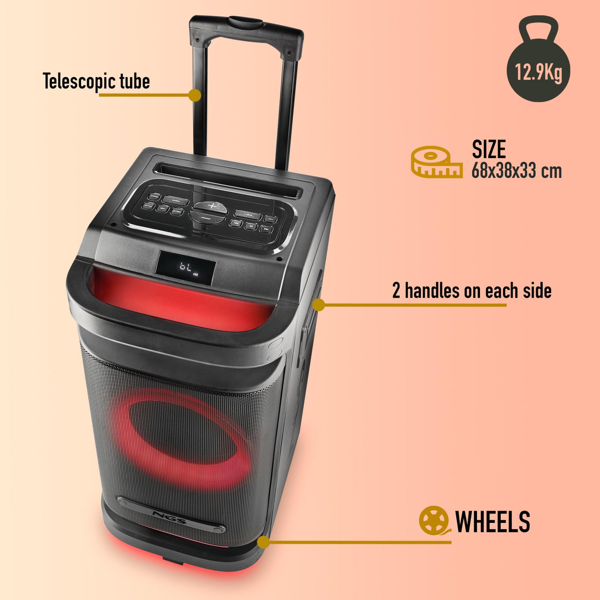 NGS Wild Space 1 - Altavoz portátil Compatible con Tecnología Bluetooth y True Wireless Stereo, Subwoofer + Doble Tweeter (Micro SD/USB/AUX IN/), Ruedas, Color Negro