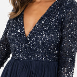 Maya Deluxe Maya Vestido Midi Adornado con La Parte Delantera de Deformación Falsa Dama de Honor, Azul Marino, 40 para Mujer