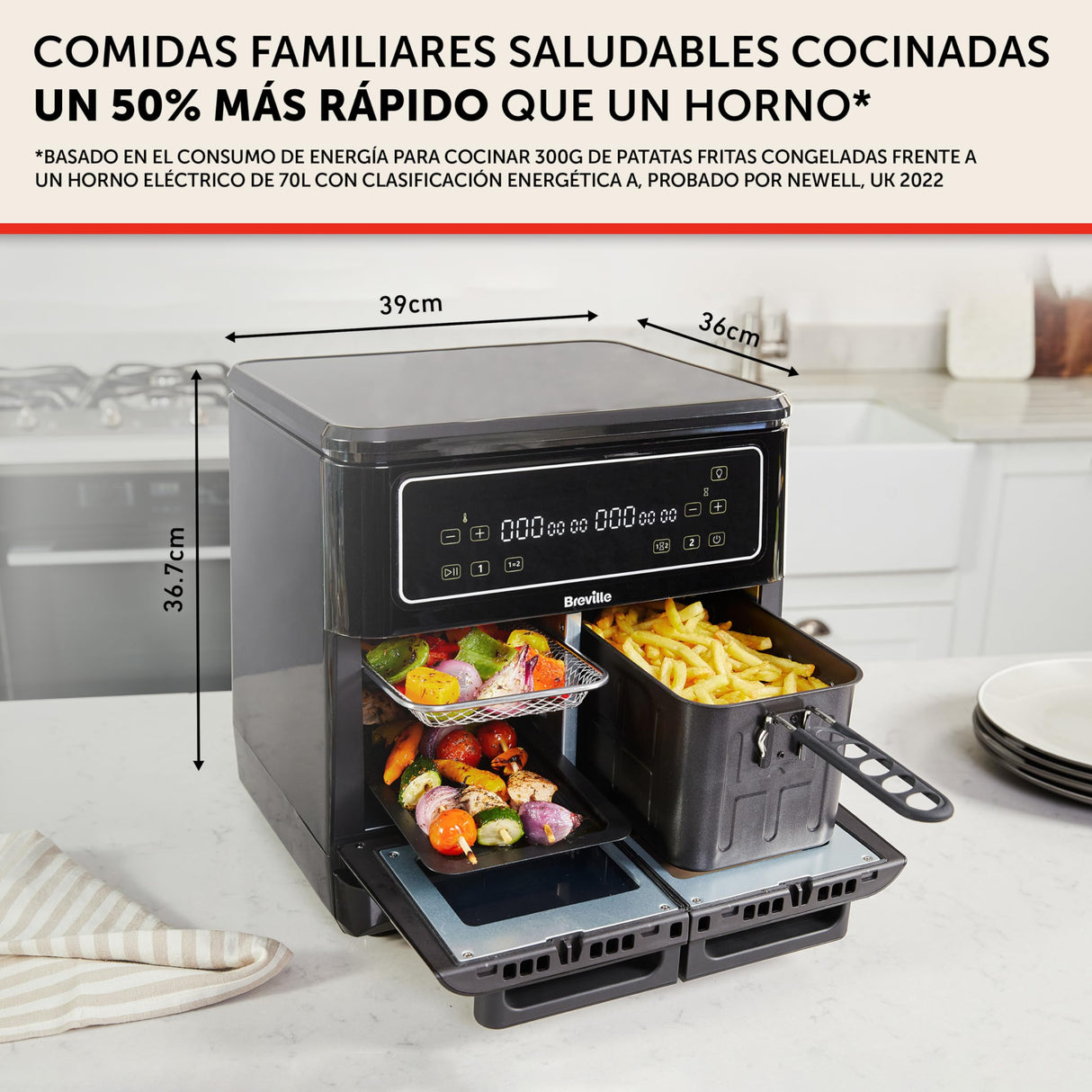 Breville Freidora de aire Halo Flexi | Horno con freidora de aire doble digital | 11 L Air Fryer: +10 raciones | Fríe, hornea, asa y calienta | 2400 W | Negro [VDF130X]