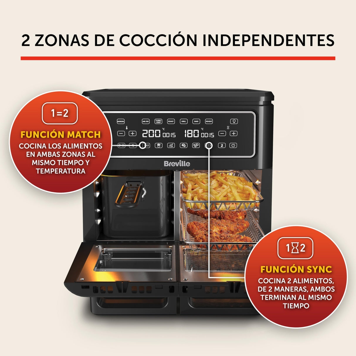 Breville Freidora de aire Halo Flexi | Horno con freidora de aire doble digital | 11 L Air Fryer: +10 raciones | Fríe, hornea, asa y calienta | 2400 W | Negro [VDF130X]