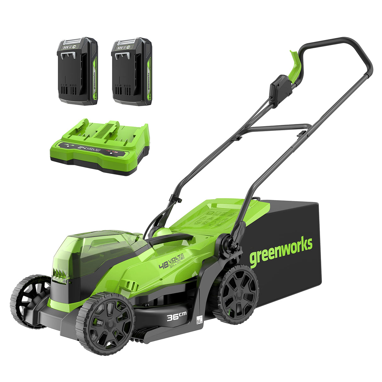 Cortacésped sin cable Greenworks GD24X2LM36K2x (Li-Ion 2x24V 36cm anchura hasta 250m² 40L recogedor de hierba 5 regulaciones altura de corte con batería de 2x2Ah y cargador de doble ranura)