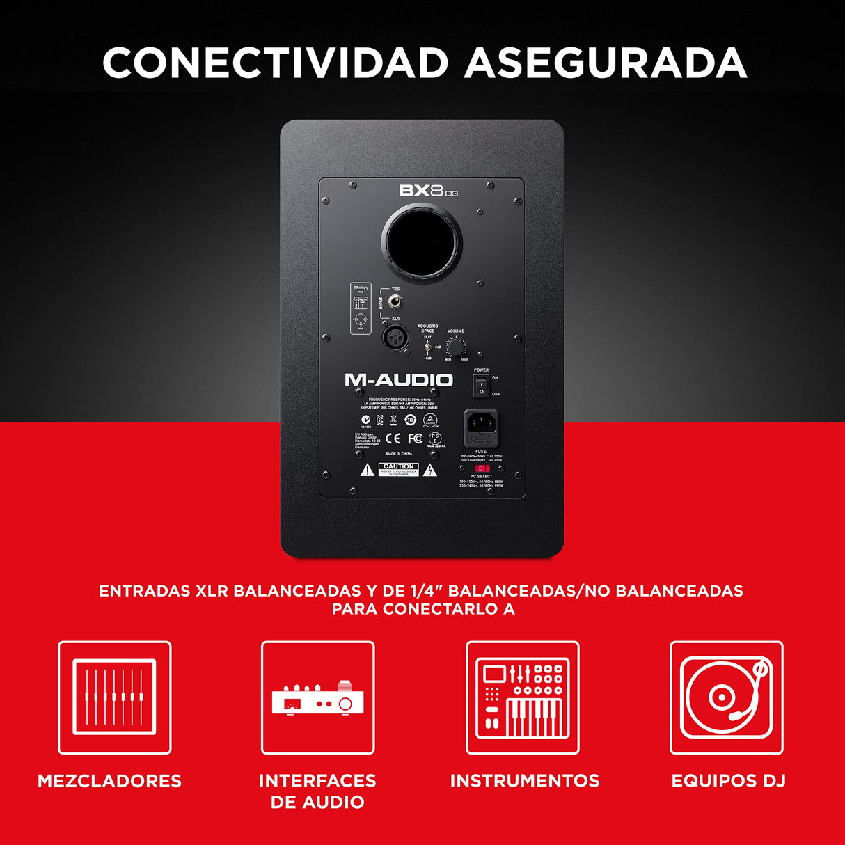 M-Audio BX8 D3 Monitor de Estudio, Altavoz Activo Profesional Bidireccional, 150 W con Woofer 8” para Producción Musical y Mezcla de Música, con Función Acoustic Space Control Incorporado, 1 Pieza